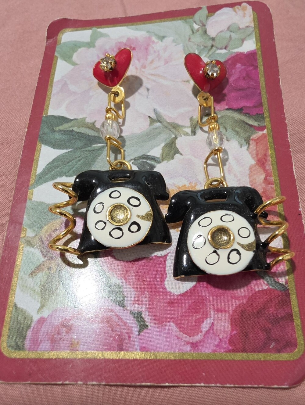 Rare Vintage Lunch At The Ritz Dangle Earrings Hearts And Telephones Rhinestones